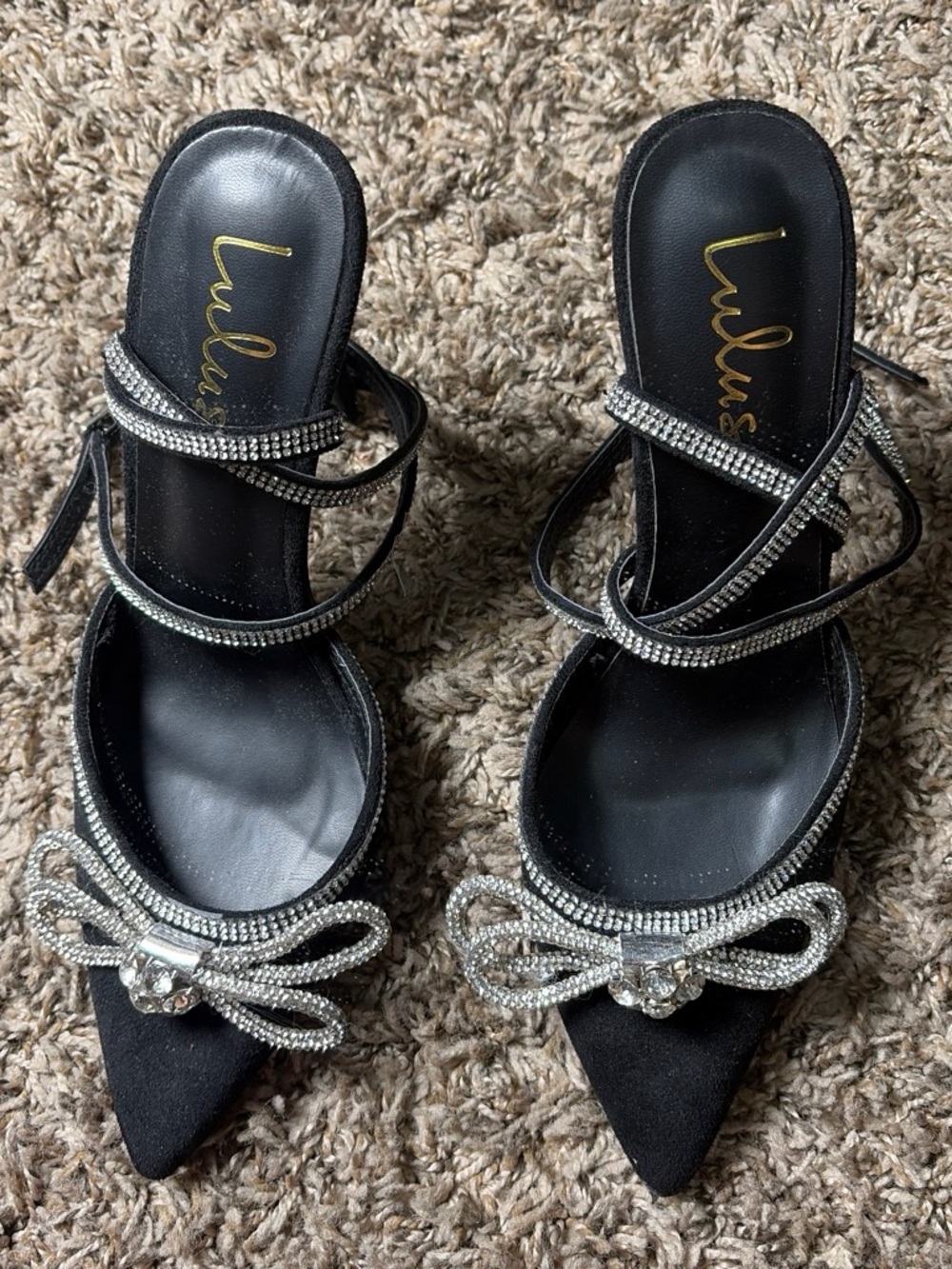 Lulu's Black Rhinestone Bow Strappy Pointed Heels Women’s Size 8
